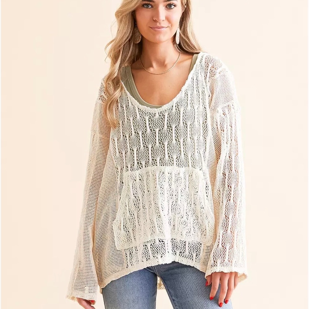 BKE‎ Womens Cream Open Knit Crochet Hoodie Sweater Boho Mesh V-Neck Small